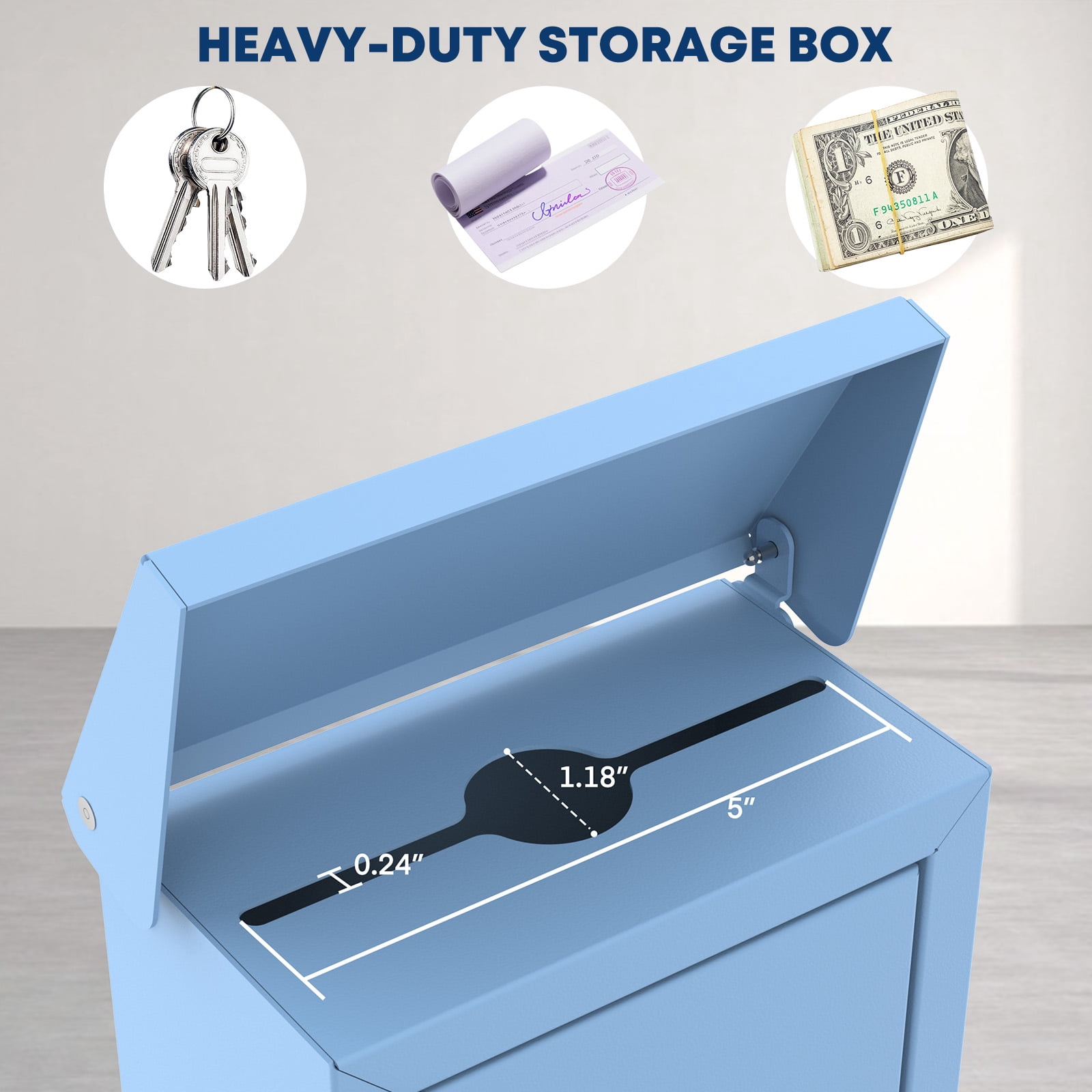 Pochar Money Cash Key Drop Box Wall Mount with Key, Metal Donation and Suggestion Box with Slot and Lock for Home, Office, 10.24" x 5.7" x 2.95" (Blue)