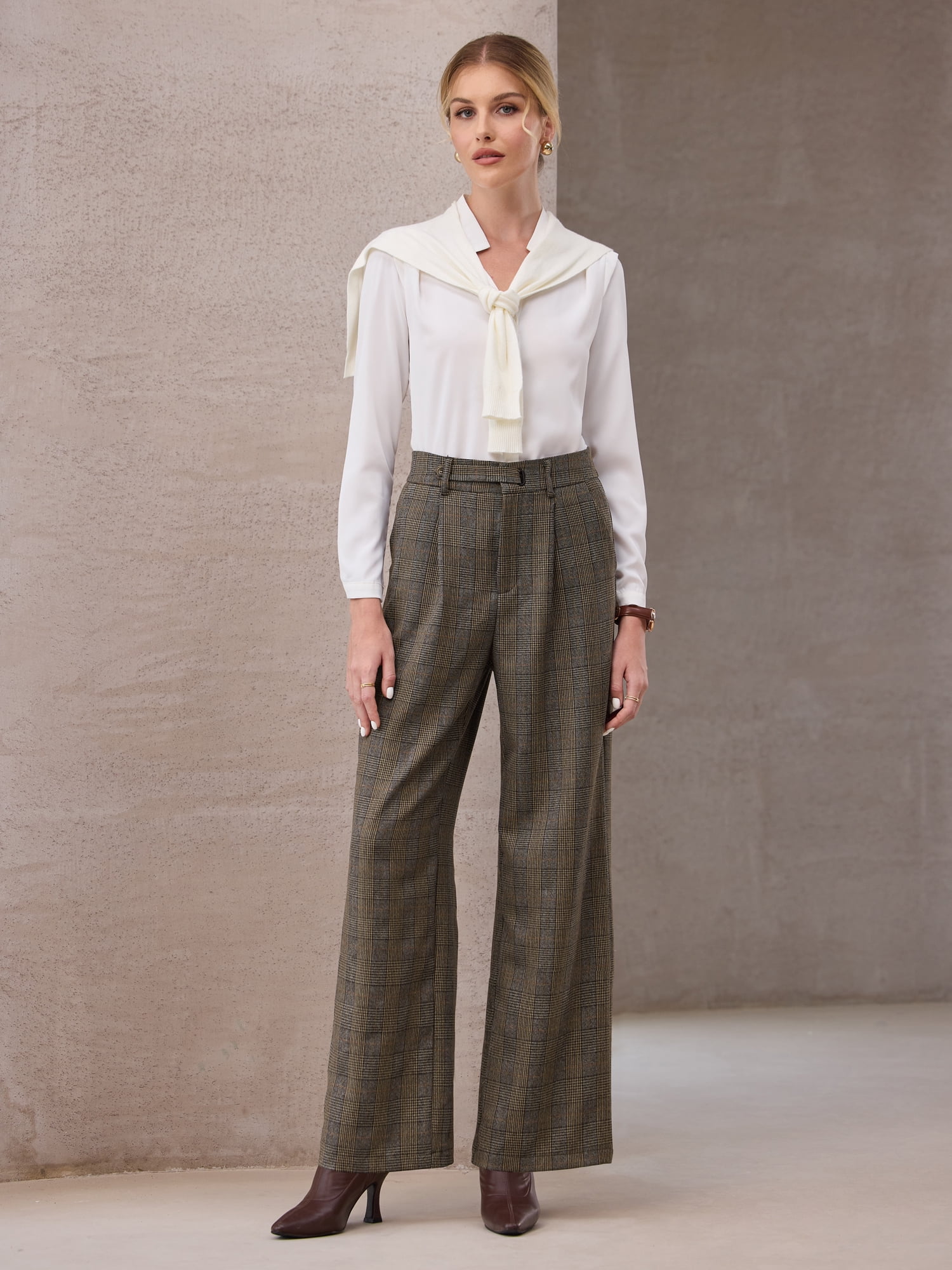 DARING DIVA Women's Plaid Vintage Houndstooth Wide Leg Trousers for Work 2XL Brown