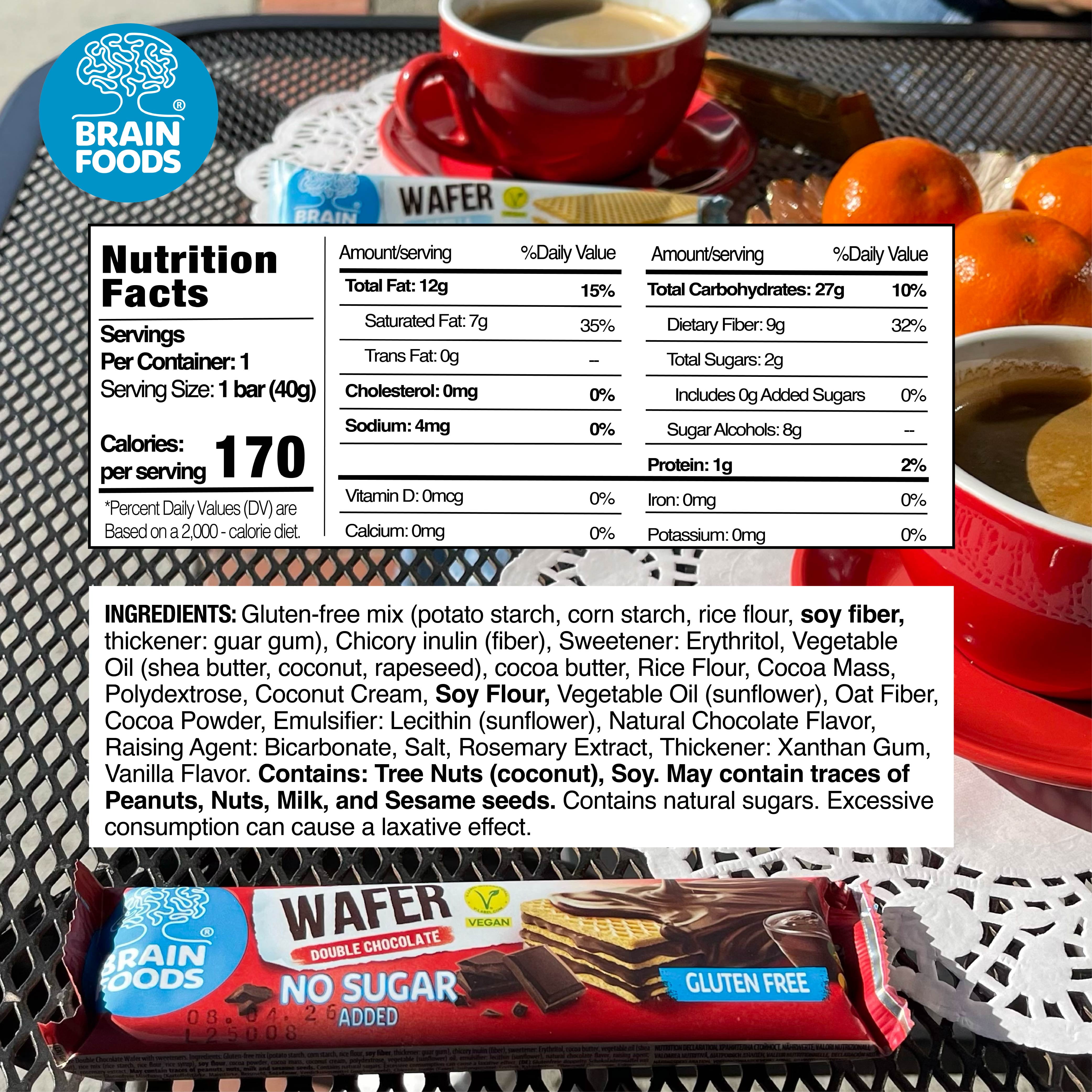 BRAIN FOODS Gluten Free Vegan Double Chocolate Wafers -  12 Bars, No Sugar Added, High Fiber, No Palm Oil, 1.4 oz, 170 Calories, Guilt Free Snack, Natural Chocolate Flavor