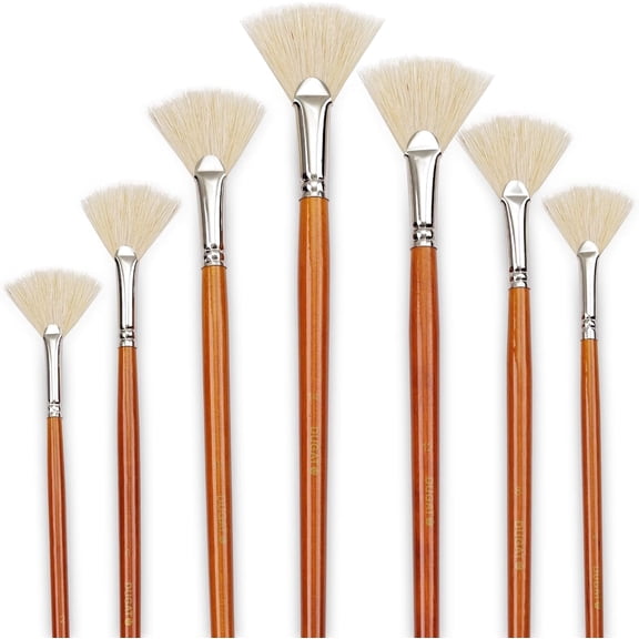 DUGATO Artist Fan Paint Brush Set of 7, White Hog Bristle Natural Hair Anti-Shedding Brush Tips, Long Wooden Handle for Comfortable Holding, Great for Acrylic Oil Painting