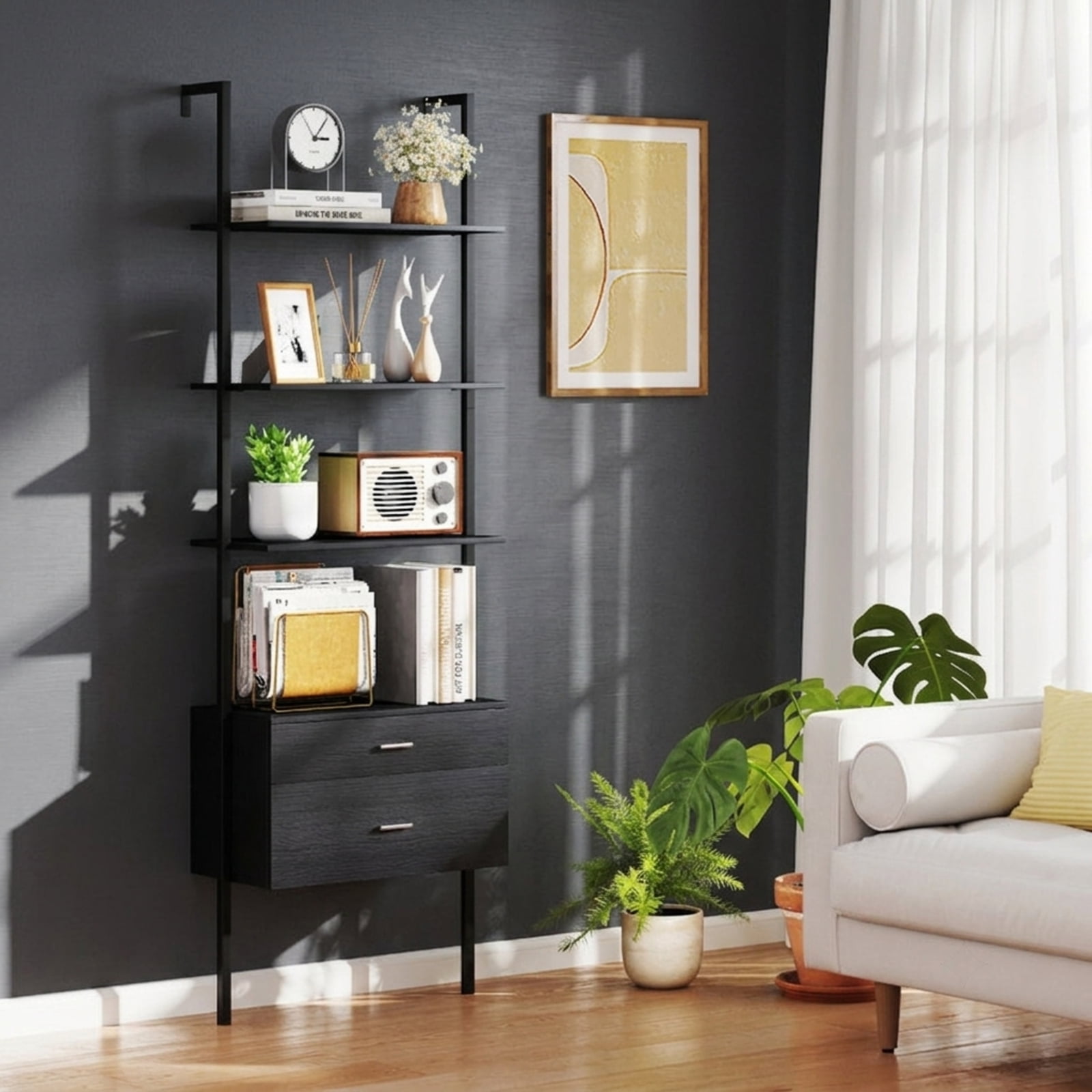 Furnibear 6-Tier Ladder Bookcase with 2 Drawers and Metal Frame for Living Room Home Office Bedroom Display Storage Shelf, Black