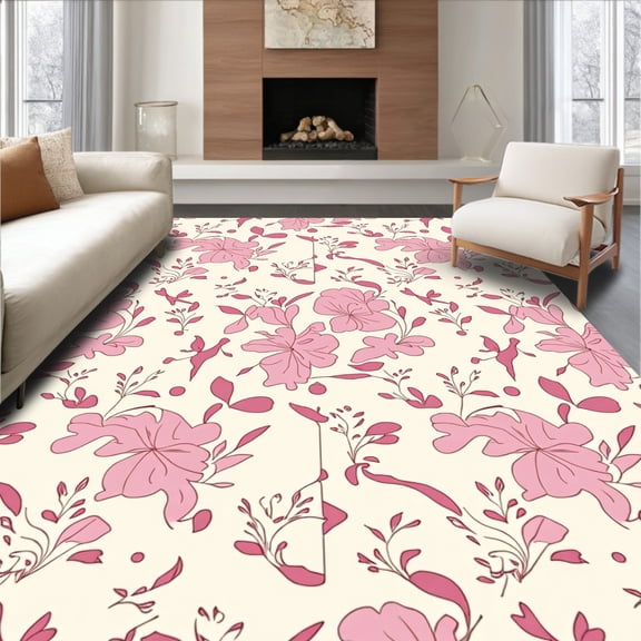 ODIKA 4'x6' Machine Washable Non-Slip Area Rug, Ivory Pink Abstract Blossom High Traffic Rug, Pink, 360309