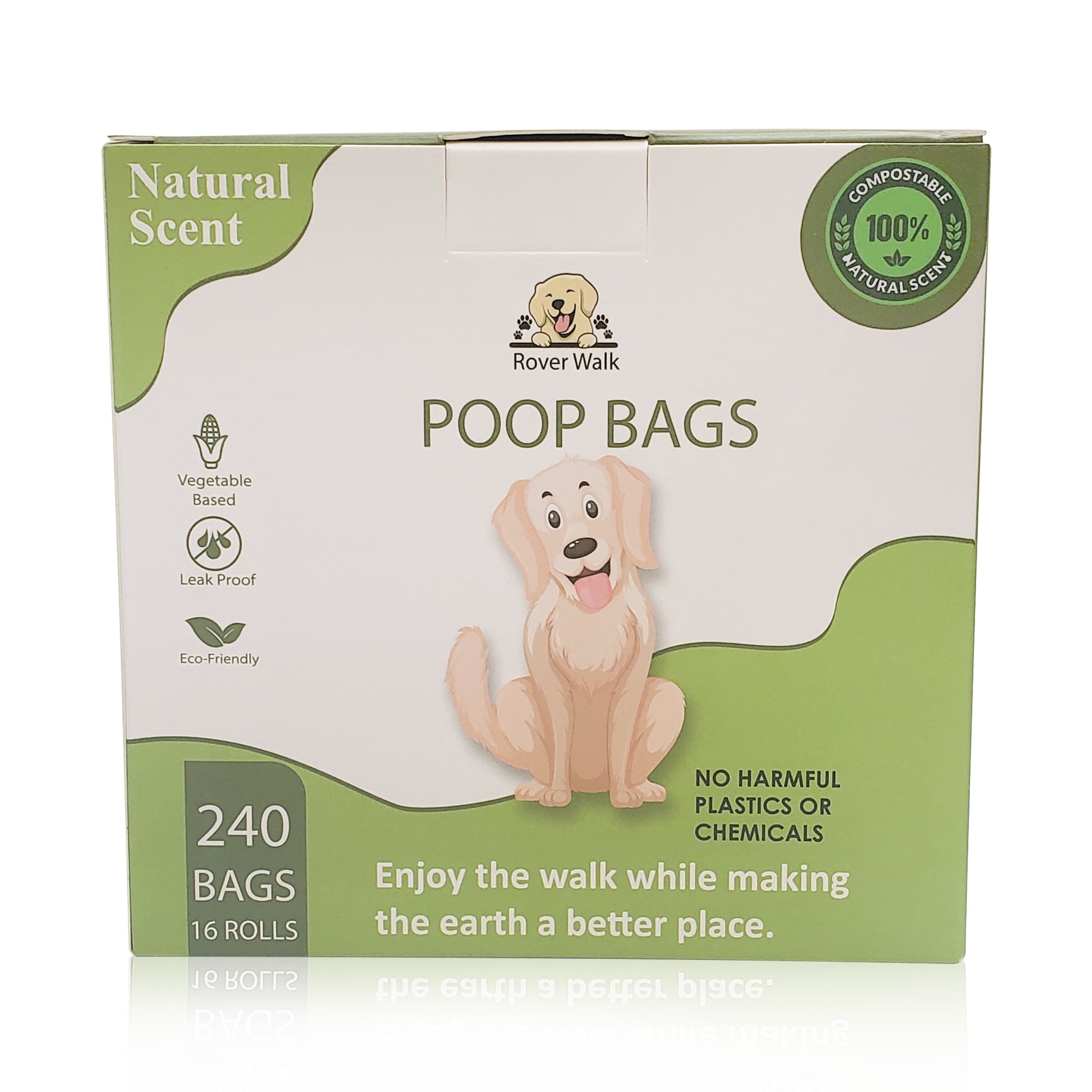 Eco-friendly Perfect for all Sizes of Pet Waste 9x13 and Leak Proof Long 16 Rolls,15 Bags Per Roll 240 Count Green-Pup 100% Compostable Biodegradable Earth Friendly Dog Poop Bags with Dispenser and Leash Clip- Extra Thick