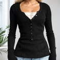 thumbnail image 2 of Womens Slim Fit Knit Top Solid Color Long Sleeve V Neck Button Down Collar Elegant Basic T Shirt Casual Wear Black L, 2 of 4