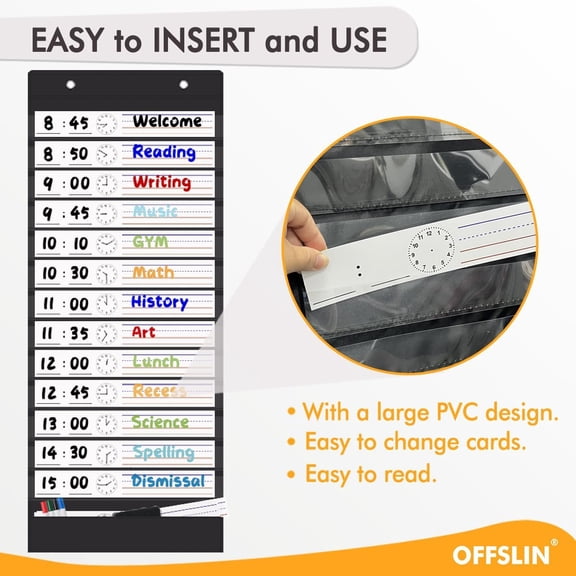 Daily Schedule Pocket Chart, 13 1 Pockets Visual Classroom Schedule Pocket Chart, 18 Double-Side Dry Erase Cards Routine Calendar for Classroom, Office, Home Teacher Supplies (Black)$$Office