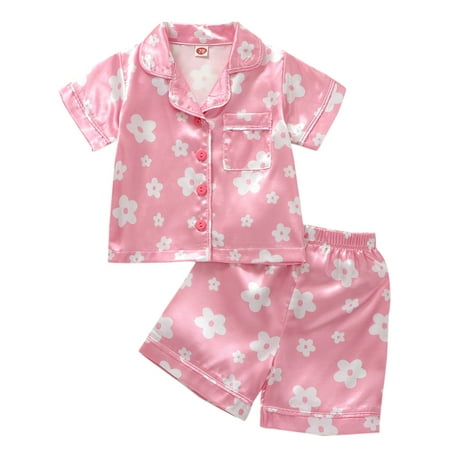 

Musuos Little Girls Floral Silk Sleepwear Lapel Button Down Shirt Tops Elastic Shorts