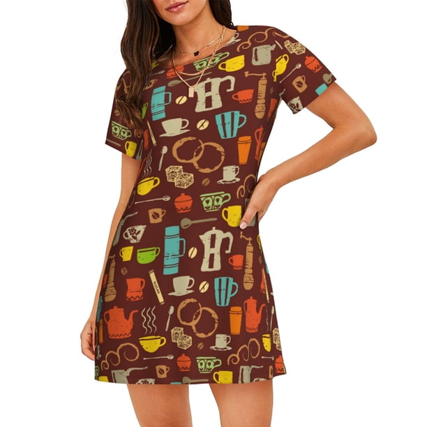 Fotbe Retro Coffee Bata de Dormir para Mujer con Estampado, Camisón de Algodón de Manga Corta, Ropa de Dormir Casual