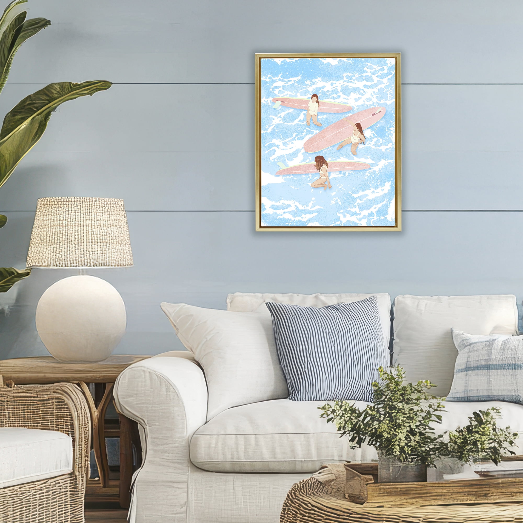 Surfing Girls Trio Gold Framed Floater Canvas Wall Art, design by Ziwei Li