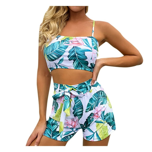 Puntoco Plus size Womens swimsuits clearance Tropical Plant Print Split Swimsuit Pattern Beach Bikini Set Blue