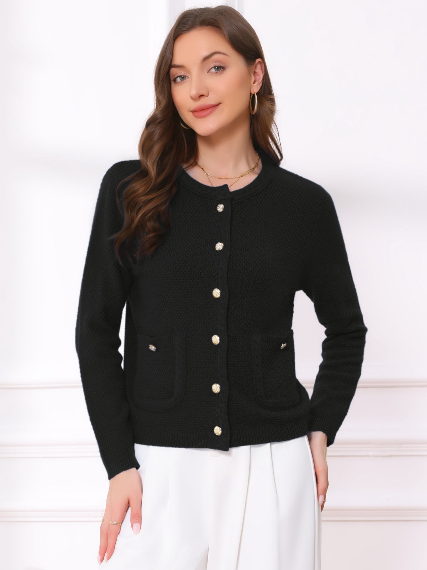 DARING DIVA Sweaters Collarless Button Up Dressy Chunky Knit Cardigan L Black