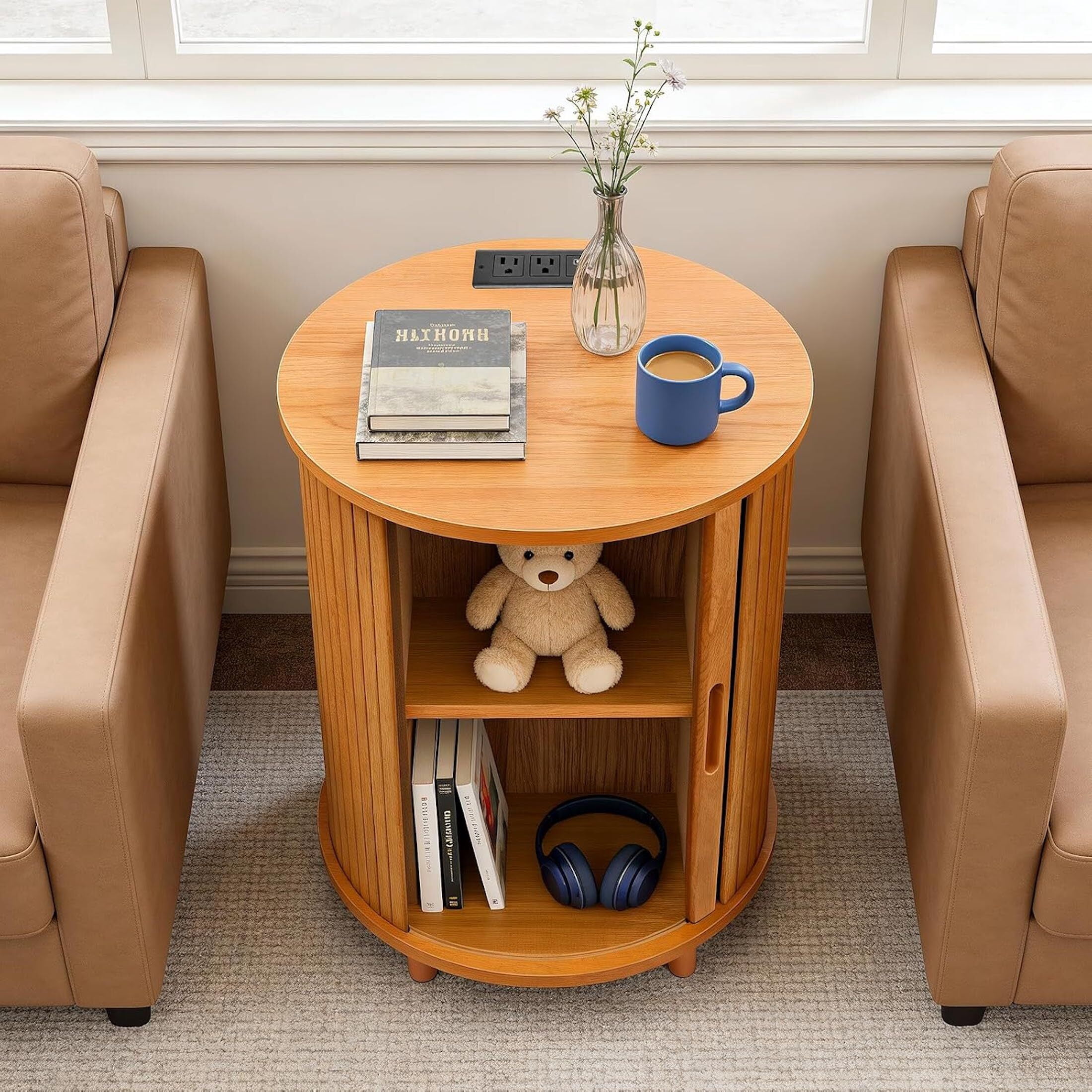 AISWORD Round End Table with Charging Station, Fluted Accent Side Table with Sliding Door and Adjustable Shelf, Nightstand for Small Space, Yellow