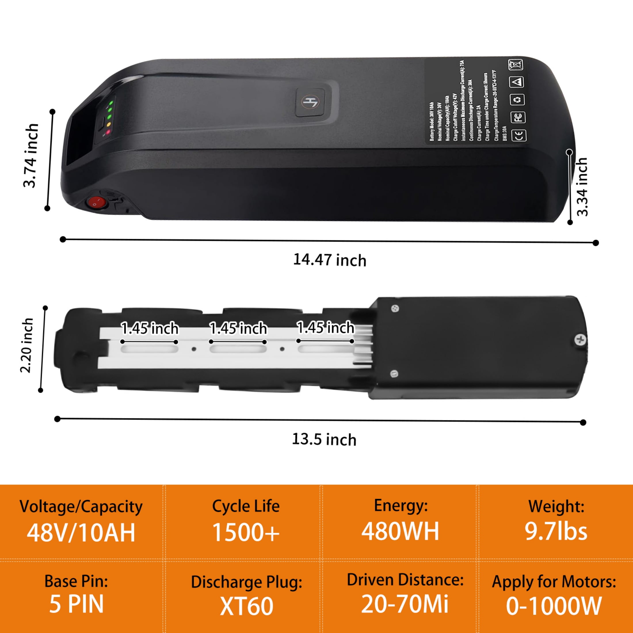 5 Pins 48v 10.4ah Ebike Battery with Charger 48v Lithium ion Battery for 1000W Electric Bicycle
