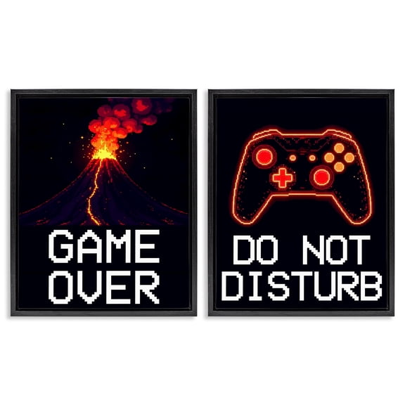 Pixel Game Sentiments 2 Piece Black Framed Floater Canvas Set, design by Kim Allen