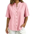 thumbnail image 4 of Zpanxa Womens Button Down Shirt Band Collar Short Sleeve Loose Fit Casual Solid Color Blouses for Summer, 4 of 9