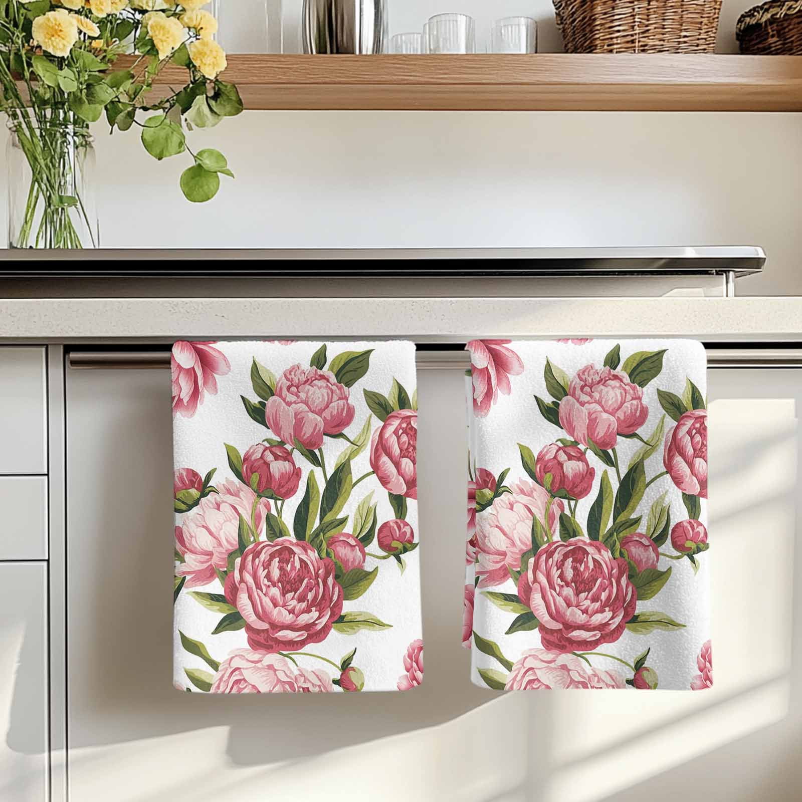 Dish Towels, Pink Rose Floral Absorbent Kitchen Towels 2 PCS, Leaves Flowers Microfiber Hand Towels Dish Cloths Tea Towels for Home&nbsp;Bathroom Cleaning Drying,18X28-Inch,