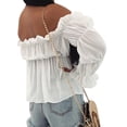 thumbnail image 4 of KOMOO Women Off Shoulder Blouse Summer Flare Bell Long Sleeve Chiffon Shirt Loose Tops Oversize, 4 of 7