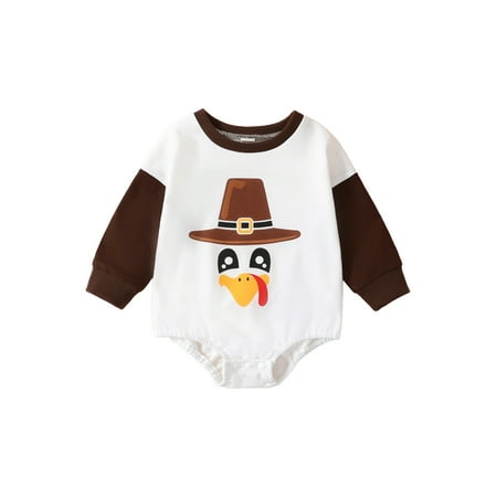 

wybzd Baby Girls Boys Thanksgiving Casual Sweatshirt Romper Cartoon Turkey Print Contrast Color Round Neck Long Sleeve Bodysuit