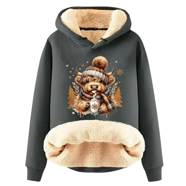 WILLBEST Sudadera con Capucha Oversize para Mujer, con Estampado Navideño de Vaca y Cordero Mediana