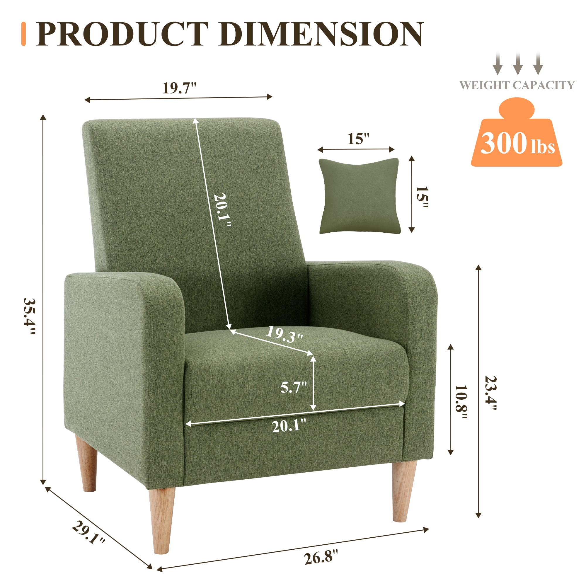 Single Sofa Armchair(Set of 2) — Upholstered Lounge Seat with Removable Pillow and Sturdy Wood Legs, Green