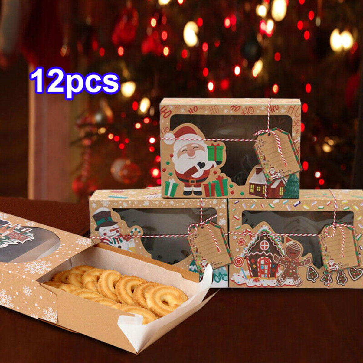 LOKIPA Christmas Bakery Cookie Boxes with Window,12 Pack Window Kraft Paper Gift 