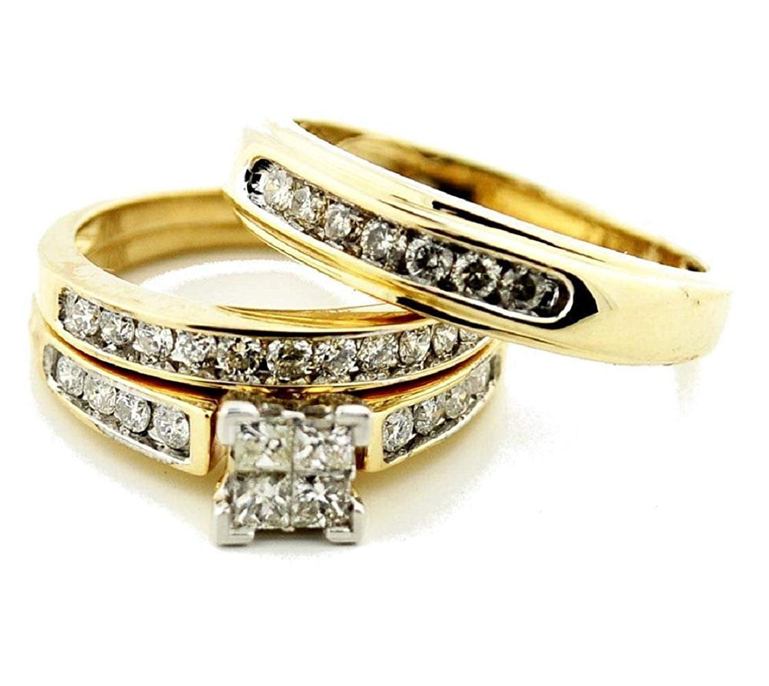 Midwest Jewellery Trio Wedding Ring Set His and Her Rings Real Gold