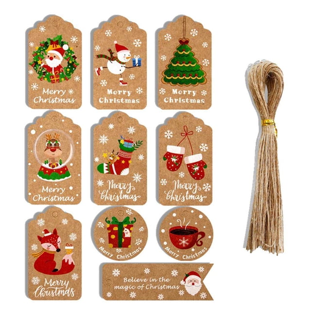 maytalsory 50pcs Christmas Kraft Paper Tags DIY Thank You Multi Style Crafts Hanging Tag with Rope Labels Gift Wrapping Supplies
