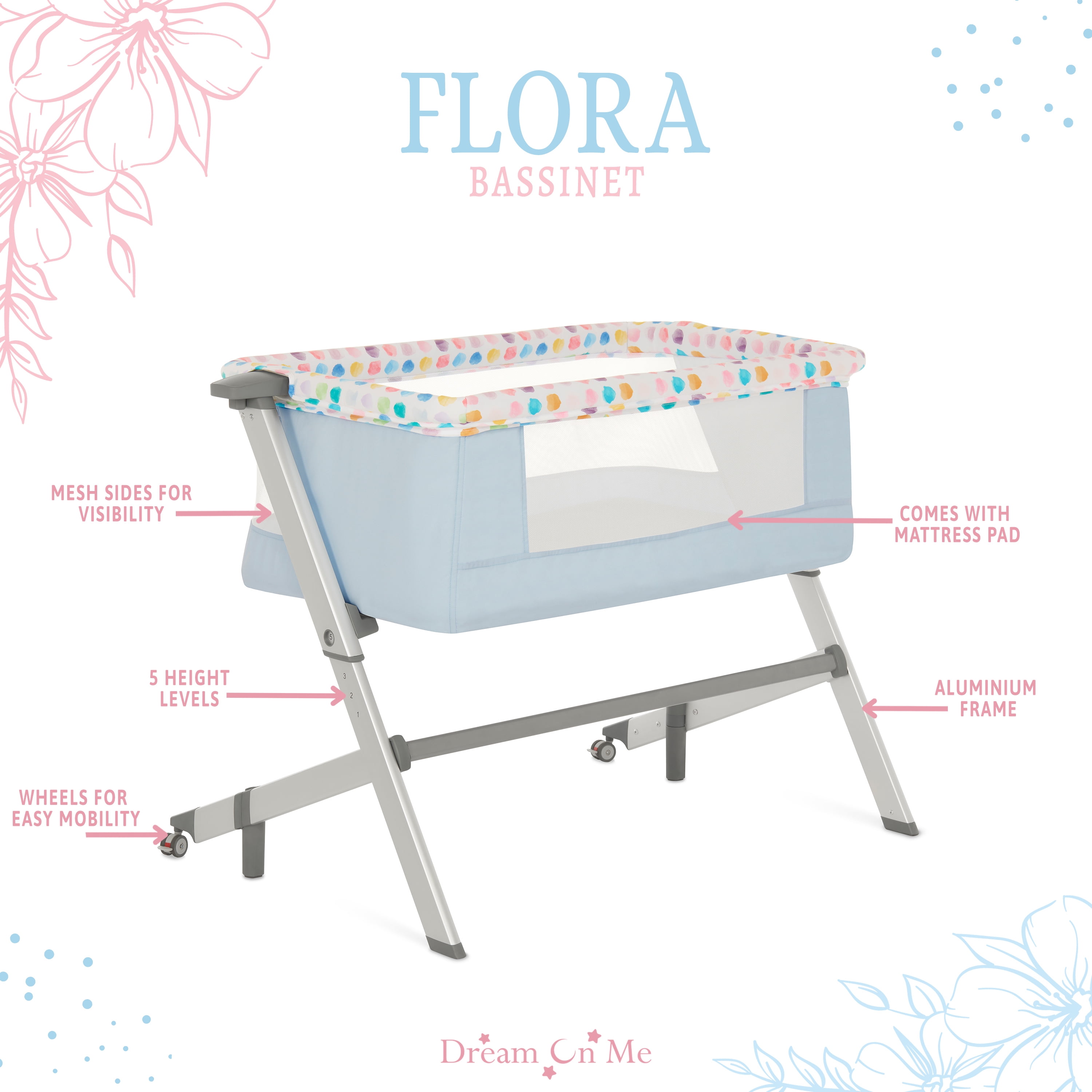 Dream On Me Flora Bassinet with Carry Bag , Compact & Modern, Confetti Blue