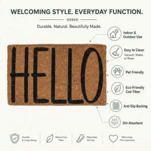 Abbott Doormat Durable Natural Coco Coir Doormat, Weather Resitant Mat Outdoor & Indoor Entrance, Home Decor Large Doormat, 18x30", Hello Doormat