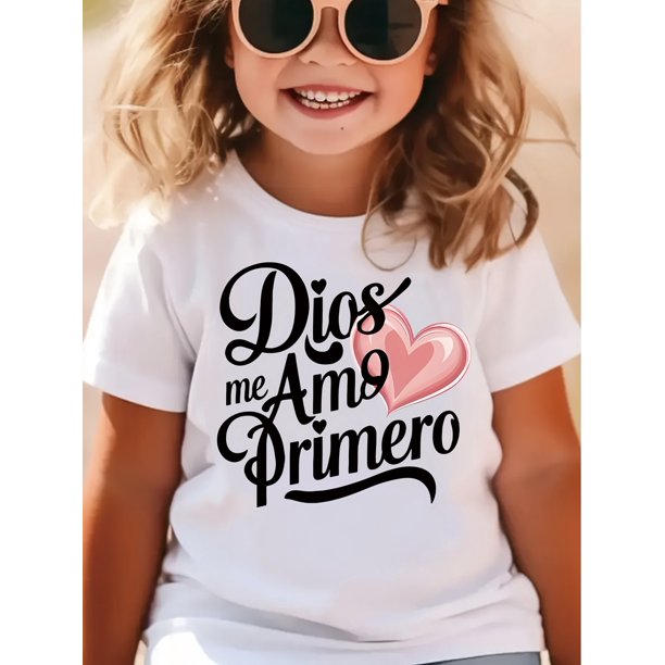 God Loves Me First Pink T-Shirt for Youngsters - Casual Round Neck Short Sleeve with Heart Design - Ideal Christian Gift for Spring/Summer