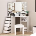 thumbnail image 1 of TROPOW Corner Vanity Desk with Mirror and Lights, Makeup Table Set with Lighted Mirror, 3 Adjustable Lighting Colors, Cushioned Stool, 5 Drawers and Storage Shelves,White, 1 of 6