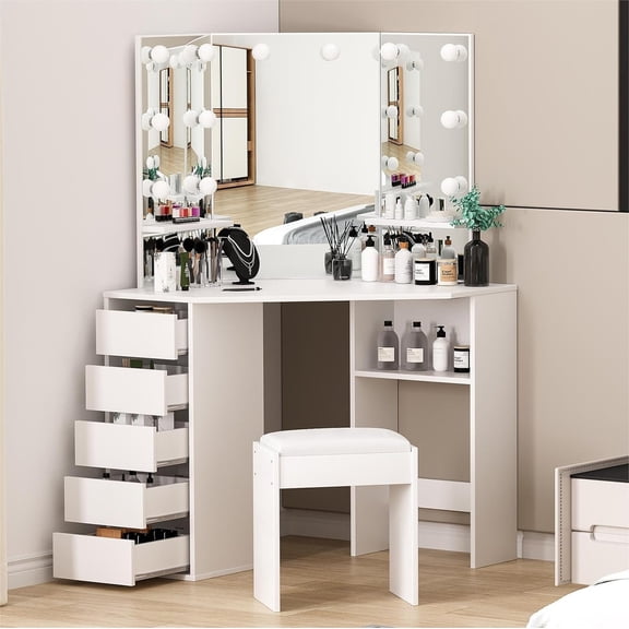 TROPOW Corner Vanity Desk with Mirror and Lights, Makeup Table Set with Lighted Mirror, 3 Adjustable Lighting Colors, Cushioned Stool, 5 Drawers and Storage Shelves,White