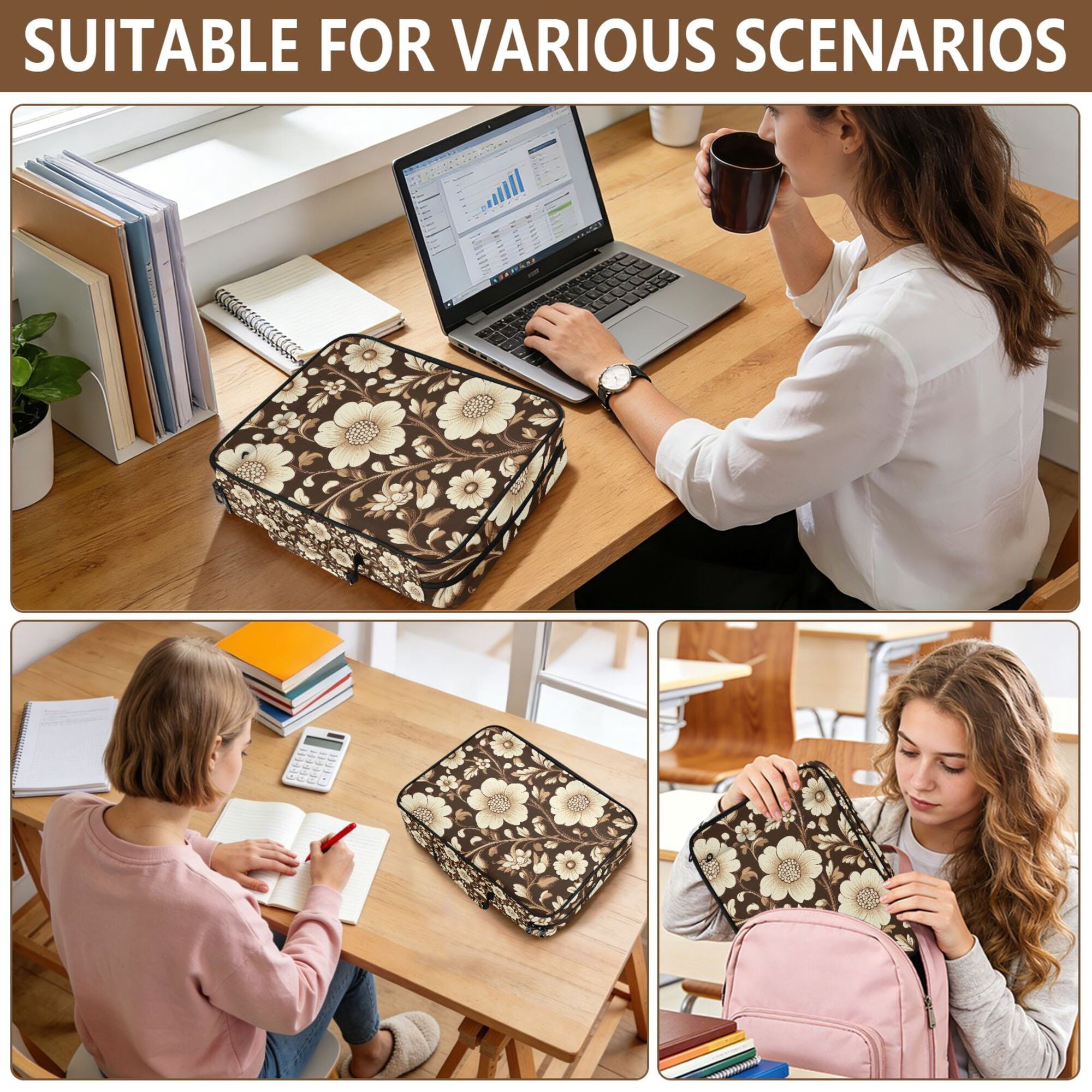 FORMRS Accordion File Folder A4 Size 7-Pocket Expanding Document Organizer Bag with 3 Ring Binder, Brown Floral