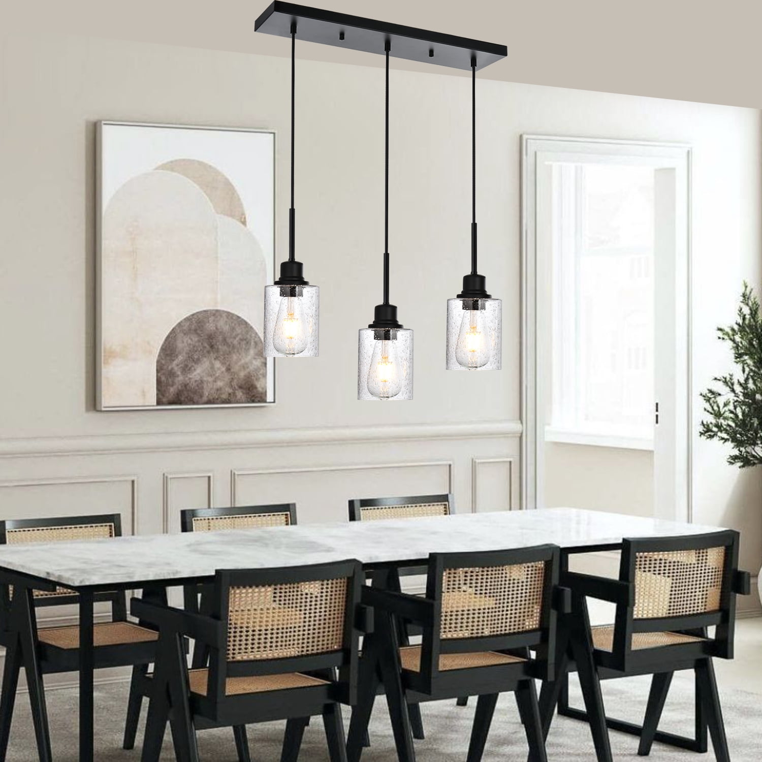 Melucee Farmhouse Dining Room Chandelier 3-Lights Black Kitchen Island Light, Clear Glass Pendant Lighting Fixtures