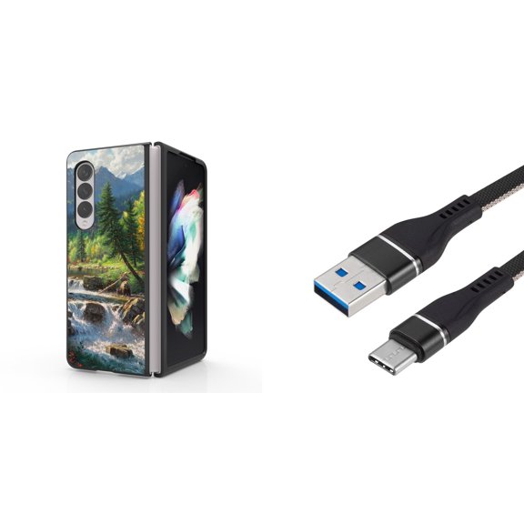 Accessory Bundle for Galaxy Z Fold 4: Slim Snap-On Case (Bear River), Nylon Braided USB-C to USB-A Cable (3 Feet)