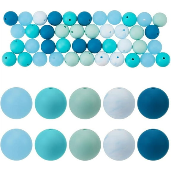 1 Box 60Pcs Round Silicone Bead Blue Focal Beads Bulk Mixed Color 15mm 16mm Rubber Soft Loose Spacer Beads