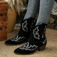 thumbnail image 3 of Womens Retro Cowboy Boots Vintage Suede Embroidered Wide Mid Calf Cowgirl Boots Chunky Heel Slip on Short Dress Booties for Winter Fall Black Size 6, 3 of 7