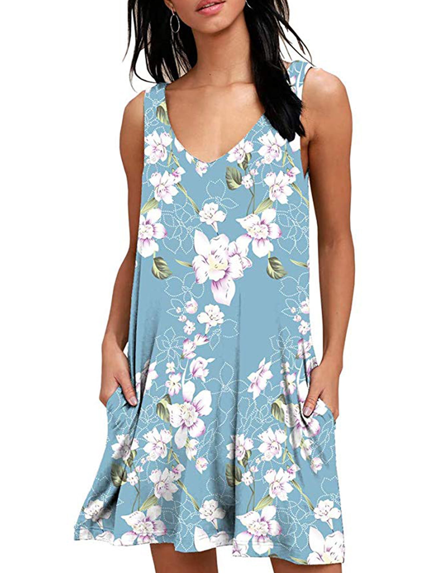 Summer Dresses for Women Beach Floral Tshirt Sundress Sleeveless Pockets Casual Loose Tank Dress