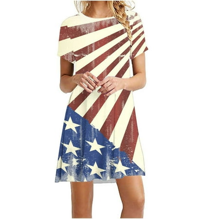 

Hvyesh Summer Dresses Women 2023 Casual Patriotic Long Dress USA Flag Pattern Round Neck Sundresses Short Sleeve Flowy Dresses Khaki