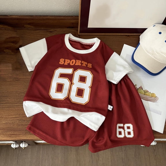 Baby Kids Basketball Outfits 2 Piece Athletic Scrimmage Short Sleeve Tops and Shorts Sets for Toddler Boys Girls Red 3-4 Years