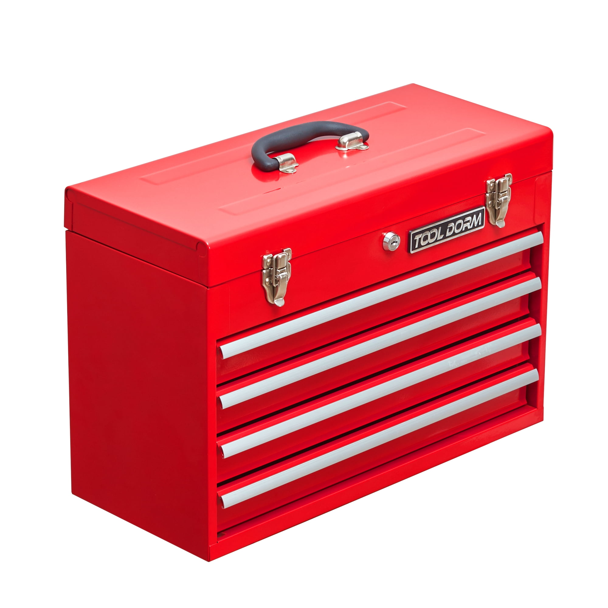 Metal Tool Box with 4 Drawers Portable Steel Tool Chest with Metal Cylinder Lock and Latch Closure, Liner, Red Powder Coating, Suitable for Garage, Warehouse and Outdoor