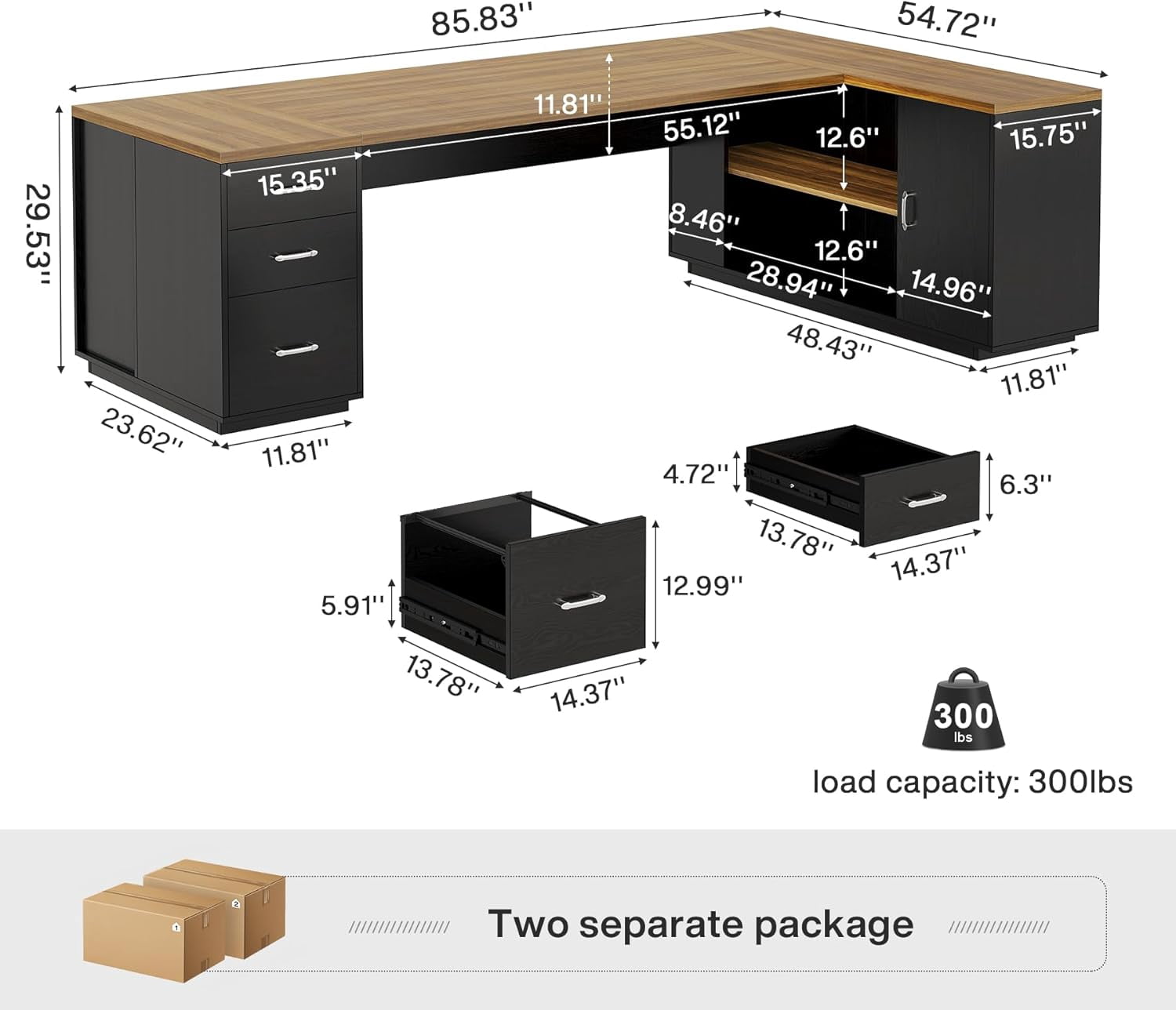 Tribesigns 85.8-Inch L-Shaped Executive Desk, Extra Large Modern Office Desk with File Drawers, Door Cabinet & Shelves, Brown&Black