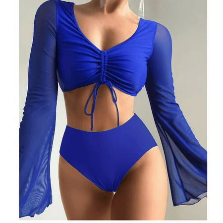 MSJUHEG Bikini Cover Up Cute Coverups Bikini Beach Cover Up Women s Sexy Long Sleeve Cover Up Split Bikini Swimsuit Bikini Set Mesh Cover Up Long Sleeve Cover Up for Women Blue L