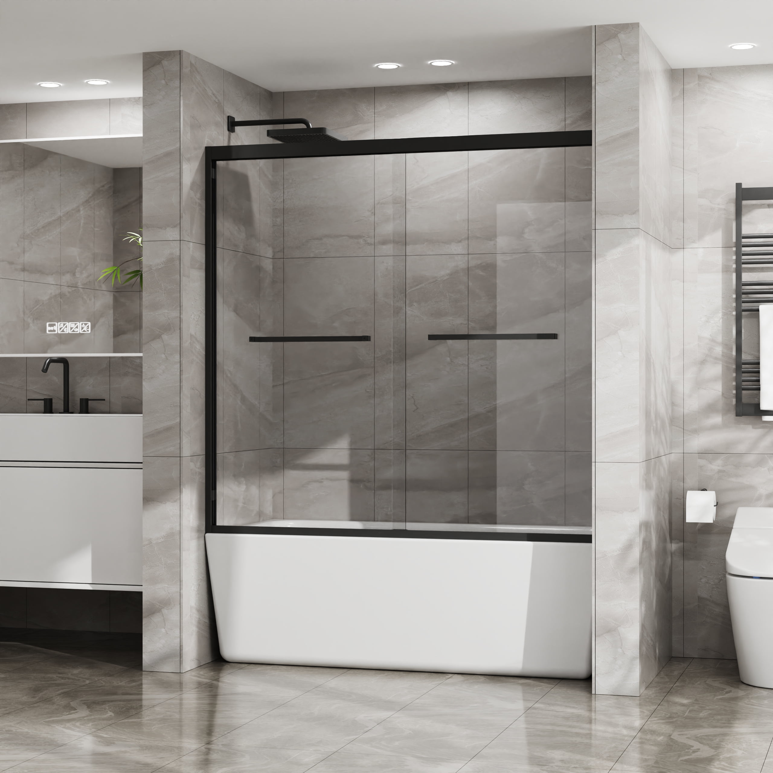 Leumius Double Sliding Bathtub Shower Door 60 in. W x 58 in. H Aluminum Framed Shower Enclosure for Tub with SGCC Clear Tempered Glass, Stainless Steel Hardware, Matte Black