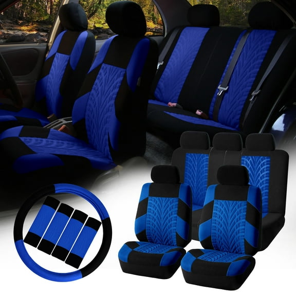 FH Group Car Seat Covers Travel Master for Sedan SUV Van Full Set w/ Steering Cover & Belt Pads Blue Black