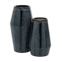 DecMode 11", 8"H Handmade Chevron Dark Blue Ceramic Vase, Set of 2