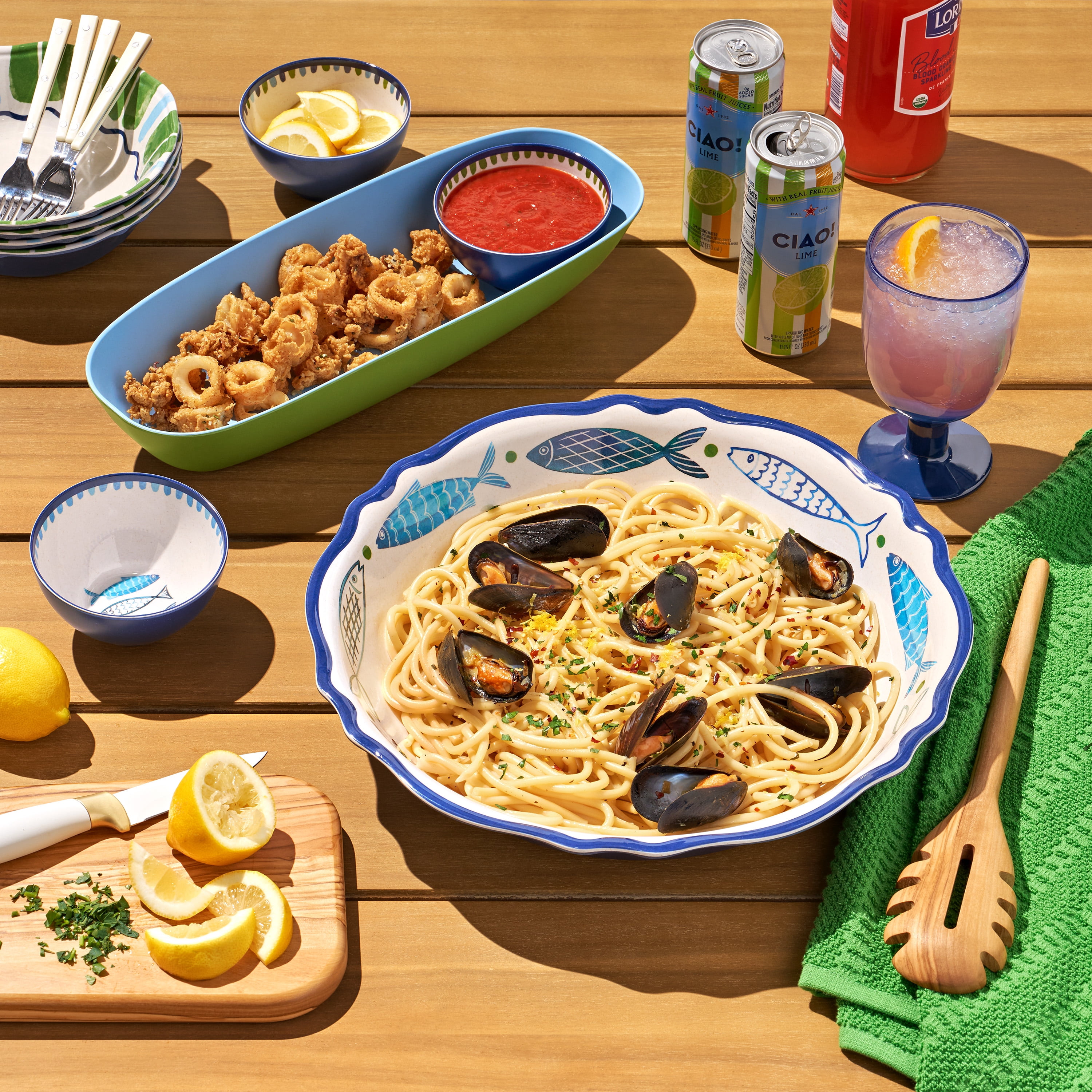 Beautiful 14.6 in x 6 in Bamboo Melamine Oval Serving Tray Set with 3 Sardine Dip Bowls, Multi-Color by Drew Barrymore