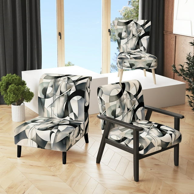 Designart "Neutral Abstract Expression XIII" Black Neutral Upholstered Accent Chair - Modern Arm Chair For Bedroom
