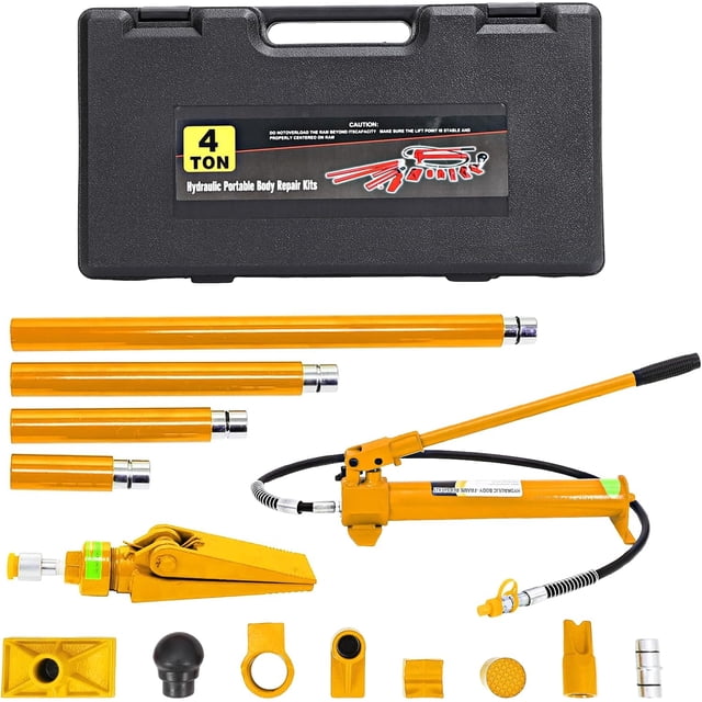 4-Ton Porta Power Kit Heavy Duty Hydraulic Ram with Shockproof Storage Case Complete Set for Frame Repair Lifting Auto Shop and Construction Equipment