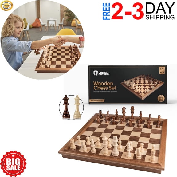 LARGE Vintage Wooden Chess Set Wood Board Hand Carved Crafted Folding Game 17"