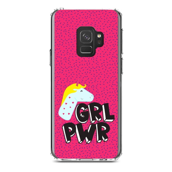 DistinctInk Clear Shockproof Hybrid Case for Samsung Galaxy S9 (5.8" Screen) - TPU Bumper, Acrylic Back, Tempered Glass Screen Protector - Girl Power - GRL PWR - Unicorn Pink Background